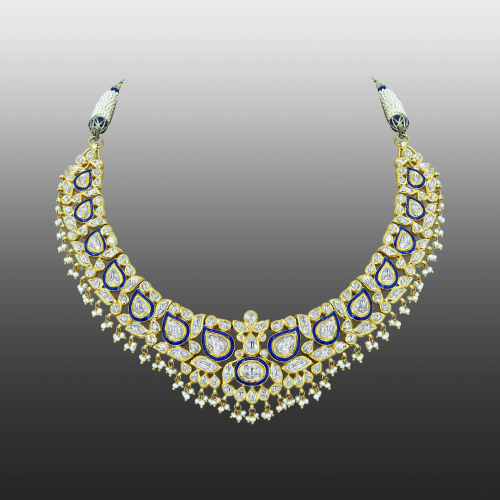 Polki Necklace with Blue Enamel and Layered Pearls